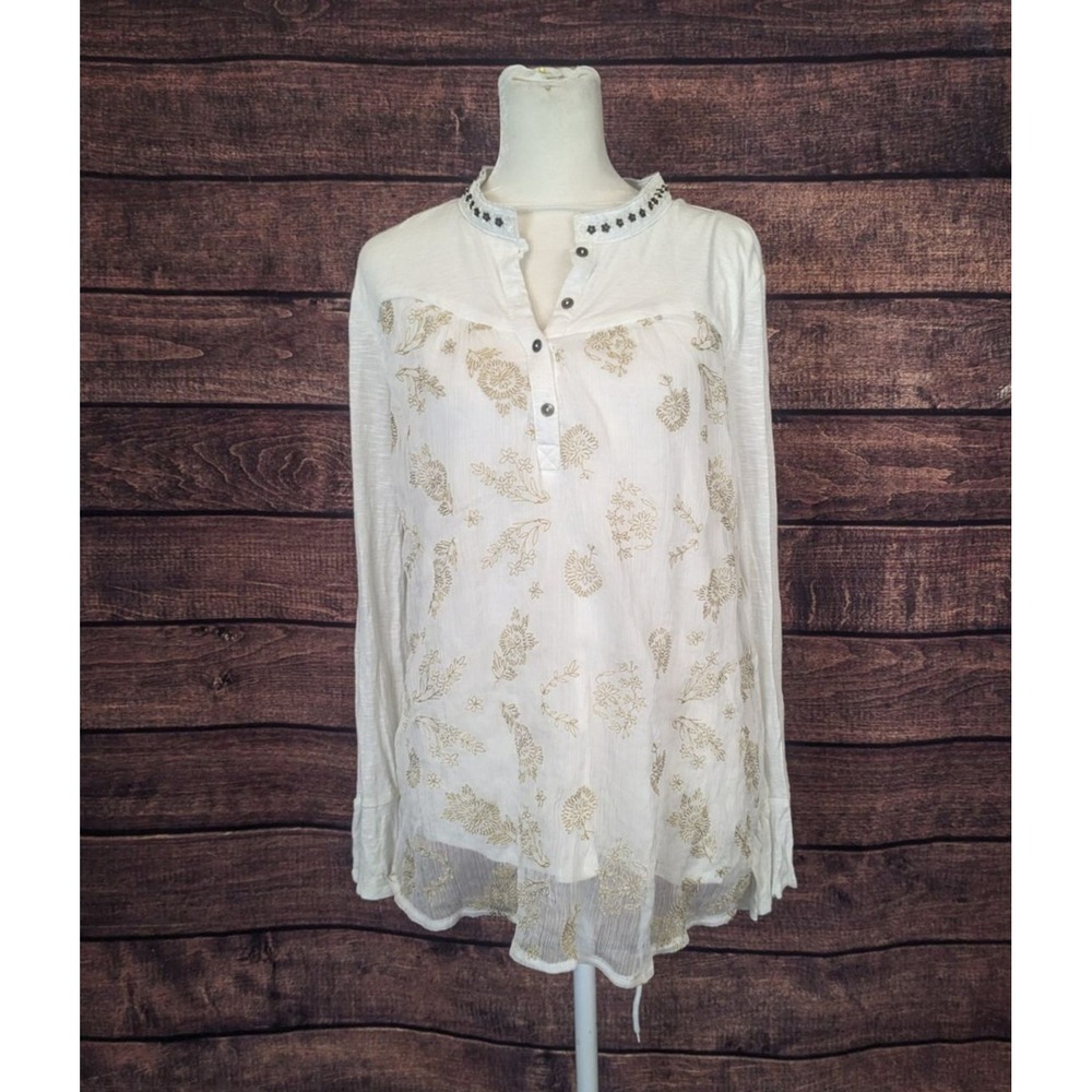 Style & Co White Long Sleeve Beaded Embroidered Boho Jersey Top‎ Blouse Size L??